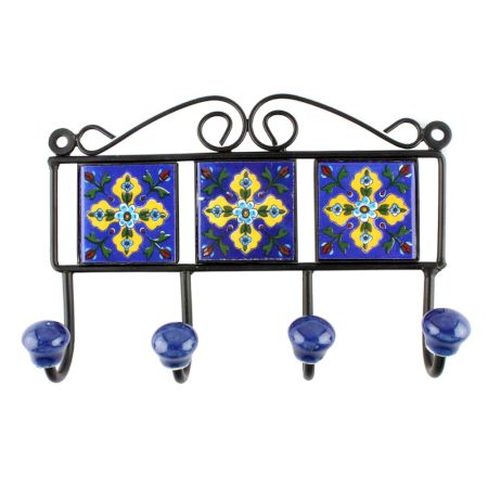 Navy Blue With Yellow Leaf Ceramic Floral Tiles Hook